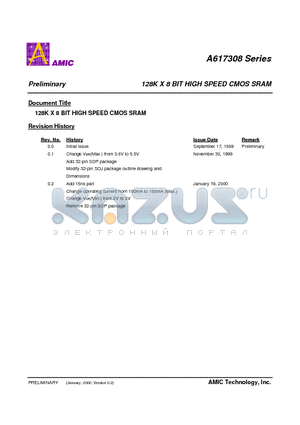 A617308S-12 datasheet - 128K X 8 BIT HIGH SPEED CMOS SRAM