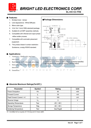 BL-HA133-TRB datasheet - Amber Mono-color type 3.2x1.6x1.1mm(1206) standard package.