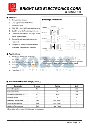 BL-HA135A-TRB datasheet - Amber Mono-color type 2.0x1.25x1.0mm(0805) standard package.