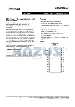 CD74HC22106 datasheet - QMOS 8 x 8 x 1 Crosspoint Switches with Memory Control