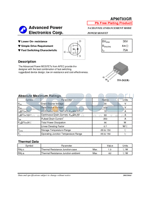 AP90T03GR datasheet - N-CHANNEL ENHANCEMENT MODE POWER MOSFET