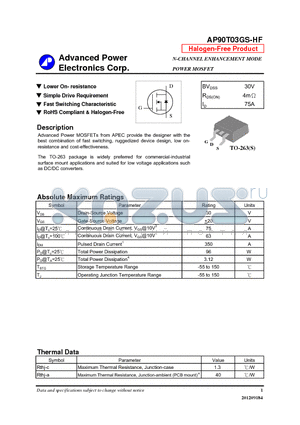 AP90T03GS-HF datasheet - Lower On- resistance, Simple Drive Requirement