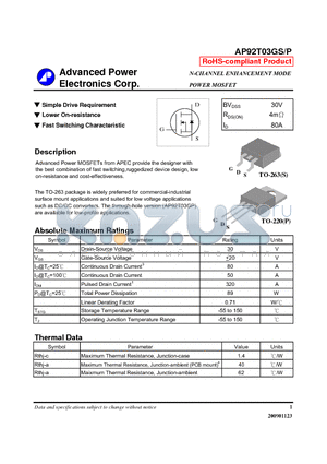 AP92T03GS datasheet - Simple Drive Requirement, Lower On-resistance