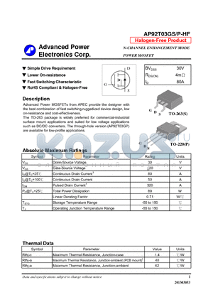 AP92T03GSP-HF datasheet - Simple Drive Requirement, Lower On-resistance