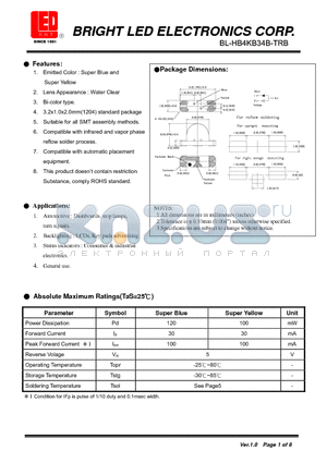 BL-HB4KB34B-TRB datasheet - Super Blue and Super Yellow Suitable for all SMT assembly methods.