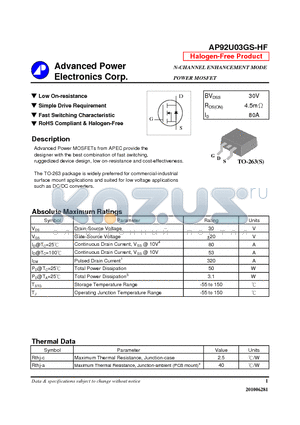 AP92U03GS-HF datasheet - Low On-resistance, Simple Drive Requirement