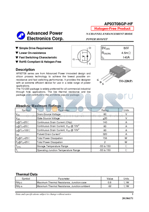 AP93T08GP-HF datasheet - N-CHANNEL ENHANCEMENT MODE POWER MOSFET