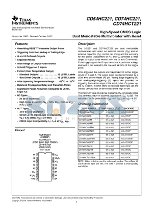 CD74HC221MT datasheet - High-Speed CMOS Logic Dual Monostable Multivibrator with Reset