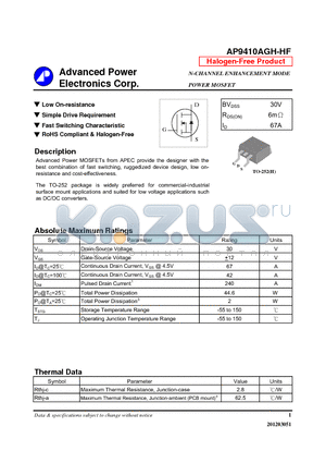 AP9410AGH-HF datasheet - Low On-resistance, Simple Drive Requirement