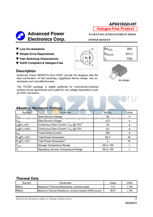 AP9410GH-HF datasheet - Low On-resistance, Simple Drive Requirement