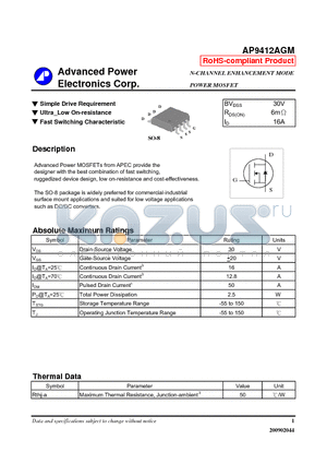AP9412AGM datasheet - Simple Drive Requirement, Ultra_Low On-resistance