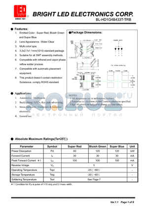 BL-HD1G4B433T-TRB datasheet - Super Red, Bluish Green and Super Blue Suitable for all SMT assembly methods.