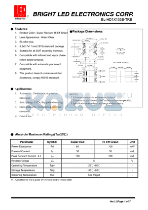 BL-HD1L133B-TRB datasheet - Super Red and Hi-Eff Green Suitable for all SMT assembly methods.