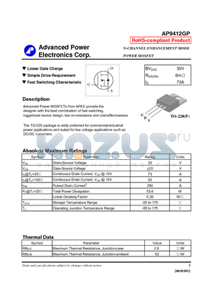 AP9412GP datasheet - Lower Gate Charge, Simple Drive Requirement