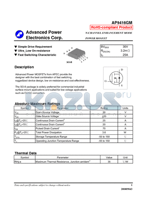 AP9416GM datasheet - Simple Drive Requirement, Ultra_Low On-resistance