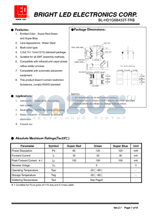 BL-HD1G6B433T-TRB datasheet - Super Red,Green and Super Blue Suitable for all SMT assembly methods.