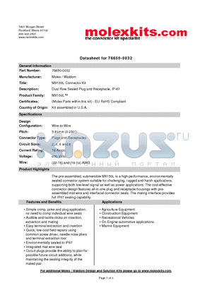 76650-0032 datasheet - Dual Row Sealed Plug and Receptacle, IP-67