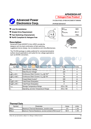 AP9430GH-HF datasheet - Low On-resistance, Simple Drive Requirement