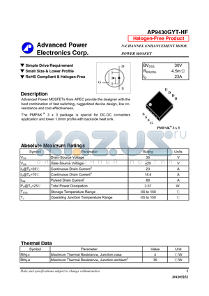 AP9430GYT-HF datasheet - Simple Drive Requirement, Small Size & Lower Profile