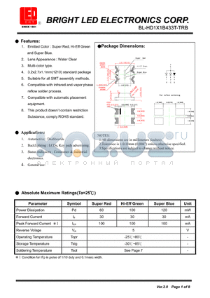 BL-HD1X1B433T-TRB datasheet - Super Red, Hi-Eff Green and Super Blue Suitable for all SMT assembly methods.