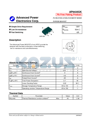 AP9435GK datasheet - P-CHANNEL ENHANCEMENT MODE POWER MOSFET