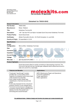 76650-0042 datasheet - .187 Tab Size PVC and Nylon Insulated Quick Disconnect Solderless Terminals