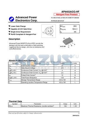AP9452AGG-HF datasheet - Capable of 2.5V Gate Drive, Single Drive Requirement