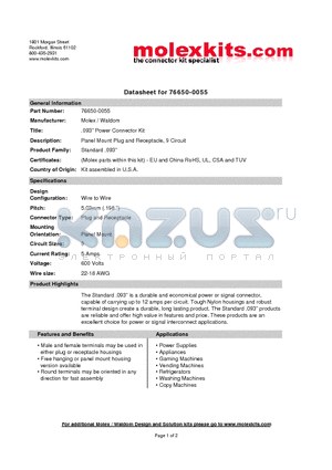 76650-0055 datasheet - Panel Mount Plug and Receptacle, 9 Circuit