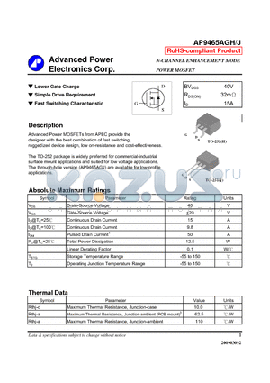 AP9465AGH datasheet - Lower Gate Charge, Simple Drive Requirement, Fast Switching Characteristic