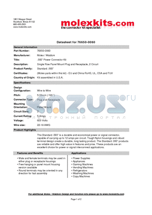 76650-0060 datasheet - Single Row Panel Mount Plug and Receptacle, 2 Circuit