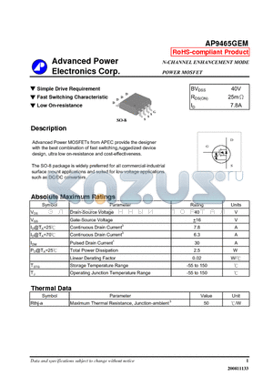 AP9465GEM datasheet - N-CHANNEL ENHANCEMENT MODE POWER MOSFET