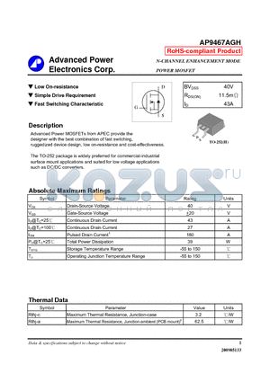 AP9467AGH datasheet - N-CHANNEL ENHANCEMENT MODE POWER MOSFET