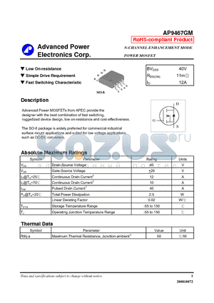 AP9467GM datasheet - N-CHANNEL ENHANCEMENT MODE POWER MOSFET