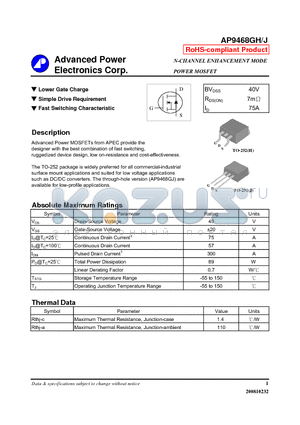 AP9468GH datasheet - N-CHANNEL ENHANCEMENT MODE POWER MOSFET