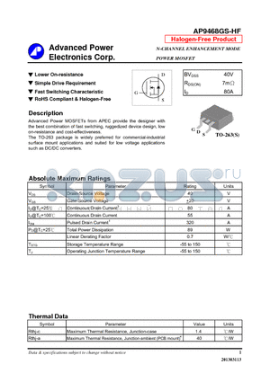 AP9468GS-HF datasheet - N-CHANNEL ENHANCEMENT MODE POWER MOSFET