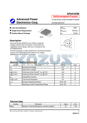 AP9474GM datasheet - Low On-resistance, Single Drive Requirement