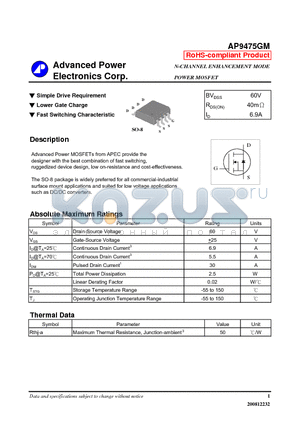 AP9475GM_08 datasheet - Simple Drive Requirement, Lower Gate Charge