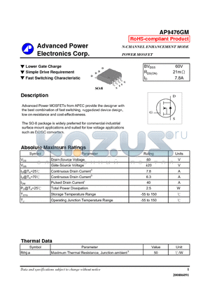 AP9476GM datasheet - Lower Gate Charge, Simple Drive Requirement