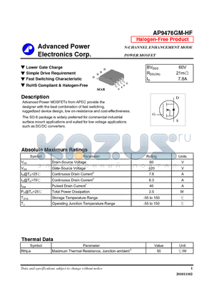 AP9476GM-HF datasheet - N-CHANNEL ENHANCEMENT MODE POWER MOSFET