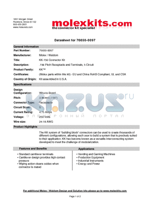 76650-0097 datasheet - .156 Pitch Receptacle and Terminals, 5 Circuit