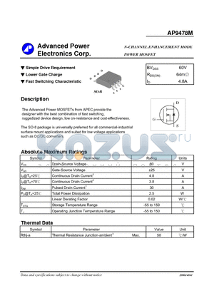 AP9478M datasheet - N-CHANNEL ENHANCEMENT MODE POWER MOSFET