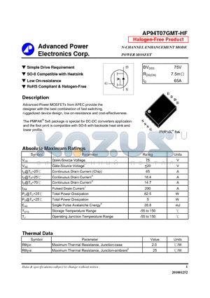 AP94T07GMT-HF datasheet - N-CHANNEL ENHANCEMENT MODE POWER MOSFET