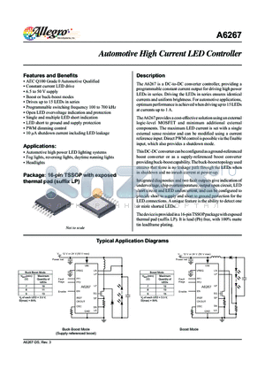 A6267KLPTR-T datasheet - The A6267 is a DC-to-DC converter controller, providing a programmable constant current output for driving high power LEDs in series.