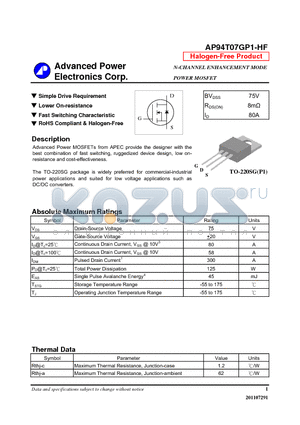 AP94T07GP1-HF datasheet - N-CHANNEL ENHANCEMENT MODE POWER MOSFET