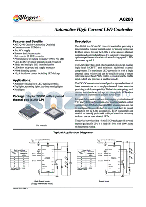 A6268 datasheet - The A6268 is a DC-to-DC converter controller, providing a programmable constant current output for driving high power LEDs in series.