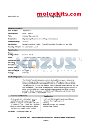 76650-0118 datasheet - High Density Mezz Interconnect Plug and Receptacle