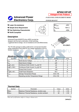 AP9561GP-HF datasheet - Simple Drive Requirement, Fast Switching Characteristic