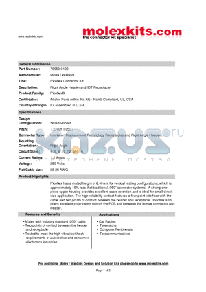 76650-0122 datasheet - Right Angle Header and IDT Receptacle