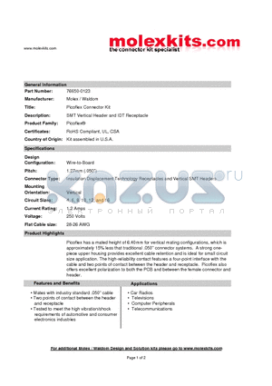 76650-0123 datasheet - SMT Vertical Header and IDT Receptacle