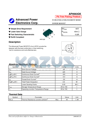 AP9563GK datasheet - P-CHANNEL ENHANCEMENT MODE POWER MOSFET